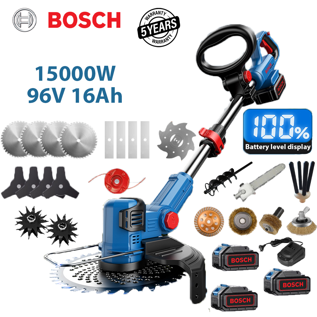 Deluxe verzija: snaga 15000 W (opremljena litijevom baterijom od 96 V 16 Ah * 3 + legura oštrica * 4 + trokutasta oštrica * 4 + ravna oštrica * 4 + legura uže za rezanje * 1 + oštrica protiv zapetljavanja * 1 + glava za oranje * 2 + legura brusilica * 1 + velika glava žičane četke * 1 + mala glava žičane četke * 1 + glava za poliranje cijevi * 1 + spiralna glava * 1 + glava pile * 1 + glava za branje voća * 1 + brzi punjač * 1)